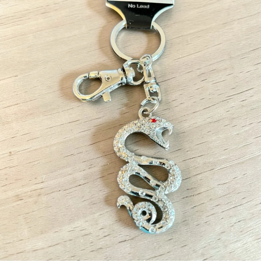 Rhinestone Snake Keychain Charm - Silver with Red Eye